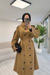 Camel Tasarım Dik Yaka Kemer Detay Trençkot