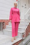 Fuşya İkili Taş Düğme Detaylı Tesettür Takım