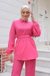 Fuşya İkili Taş Düğme Detaylı Tesettür Takım
