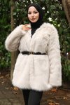 Beyaz Kemerli Kürklü Tesettür Ceket
