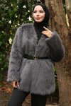 Gri Kemerli Kürklü Tesettür Ceket