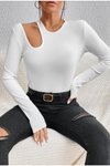 Beyaz Fitilli Uzun Kollu Kaşkorse Cut Out Bluz