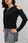Siyah Kaşkorse Body Omuzları Açık Fermuarlı Bluz