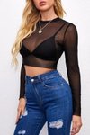 Siyah Transparan Tül Uzun Kollu Seksi Body Crop Top