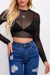 Siyah Transparan Tül Uzun Kollu Seksi Body Crop Top