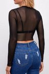 Siyah Transparan Tül Uzun Kollu Seksi Body Crop Top