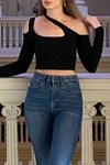 Siyah Uzun Kol Atlet Cut Out Asimetrik Yaka Örme Crop Top