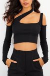 Siyah Uzun Kol Atlet Cut Out Asimetrik Yaka Örme Crop Top