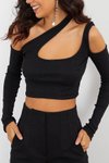 Siyah Uzun Kol Atlet Cut Out Asimetrik Yaka Örme Crop Top