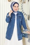 Açık Mavi Kot Düğmeli Tesettür Ceket