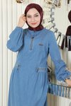 Açık Mavi Kot Fermuar Detaylı Tesettür Elbise