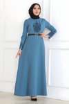 Modest Belt-Detail Dress - Baby Blue