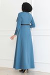 Bebe Mavisi Tesettür Kemer Detaylı Elbise