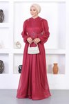 Bordo Dantelli İncili Simli Tesettür Abiye Elbise