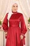 Bordo Saten İncili Tesettür Abiye Elbise
