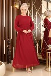 Bordo Şifon Manşeti Lastikli Tesettür Abiye Elbise