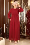 Bordo Şifon Manşeti Lastikli Tesettür Abiye Elbise