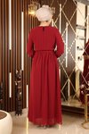 Bordo Şifon Manşeti Lastikli Tesettür Abiye Elbise