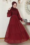 Bordo Şifon Pulpayetli Tesettür Abiye Elbise