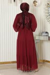 Bordo Şifon Pulpayetli Tesettür Abiye Elbise