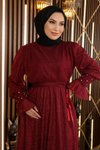 Bordo Simli Şifon Taş Detaylı Tesettür Abiye Elbise