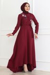 Bordo Tesettür Abiye Nakış Detaylı Elbise