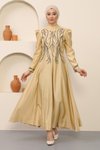Gold Taşlı Saten Tesettür Abiye Elbise