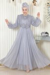 Gri Simli Drapeli İnci Detaylı Şifon Tesettür Abiye Elbise