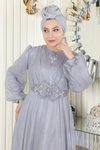 Gri Simli Drapeli İnci Detaylı Şifon Tesettür Abiye Elbise
