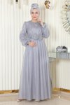 Gri Simli Drapeli İnci Detaylı Şifon Tesettür Abiye Elbise