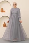 Gri Tesettür Düğme Detaylı Tül Abiye Elbise