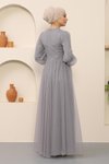 Gri Tesettür Düğme Detaylı Tül Abiye Elbise