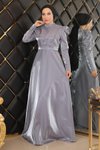 Gri Tesettür Göğsü Drapeli Abiye Elbise