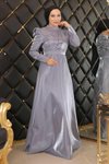 Gri Tesettür Göğsü Drapeli Abiye Elbise