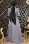 Gri Tesettür Göğsü Drapeli Abiye Elbise