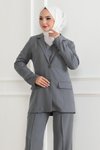 Gri Üçlü Yelekli Tesettür Takım