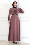Modest Patterned Belt-Detail Dress - Dusty Rose