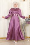 Gül Kurusu Saten Kemerli Tesettür Abiye Elbise