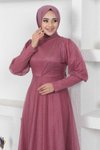 Gül Kurusu Simli Manşeti Fermuar Detaylı Tesettür Abiye Elbise