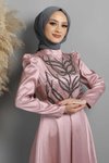 Gül Kurusu Taşlı Yakma Desenli Tesettür Abiye Elbise