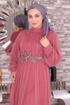 Gül Kurusu Tül İncili Dantel Detaylı Tesettür Abiye Elbise