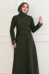 Haki Dantel Detaylı Tesettür Elbise