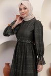 Haki Dantel İnci Detaylı Tesettür Abiye Elbise