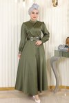 Haki Saten Drapeli Tesettür Abiye Elbise