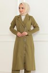 Haki Tesettür Fermuarlı Düğme Detaylı İkili Takım