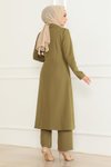 Haki Tesettür Fermuarlı Düğme Detaylı İkili Takım