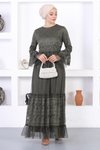 Haki Volan Kol Dantelli İncili Tesettür Abiye Elbise