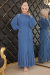 İndigo Pileli Taşlı Şifon Tesettür Abiye Elbise