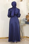 İndigo Saten Taş Detaylı Tesettür Abiye Elbise