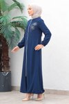 İndigo Şifon Ferace Fermuarlı Tesettür Abiye Elbise